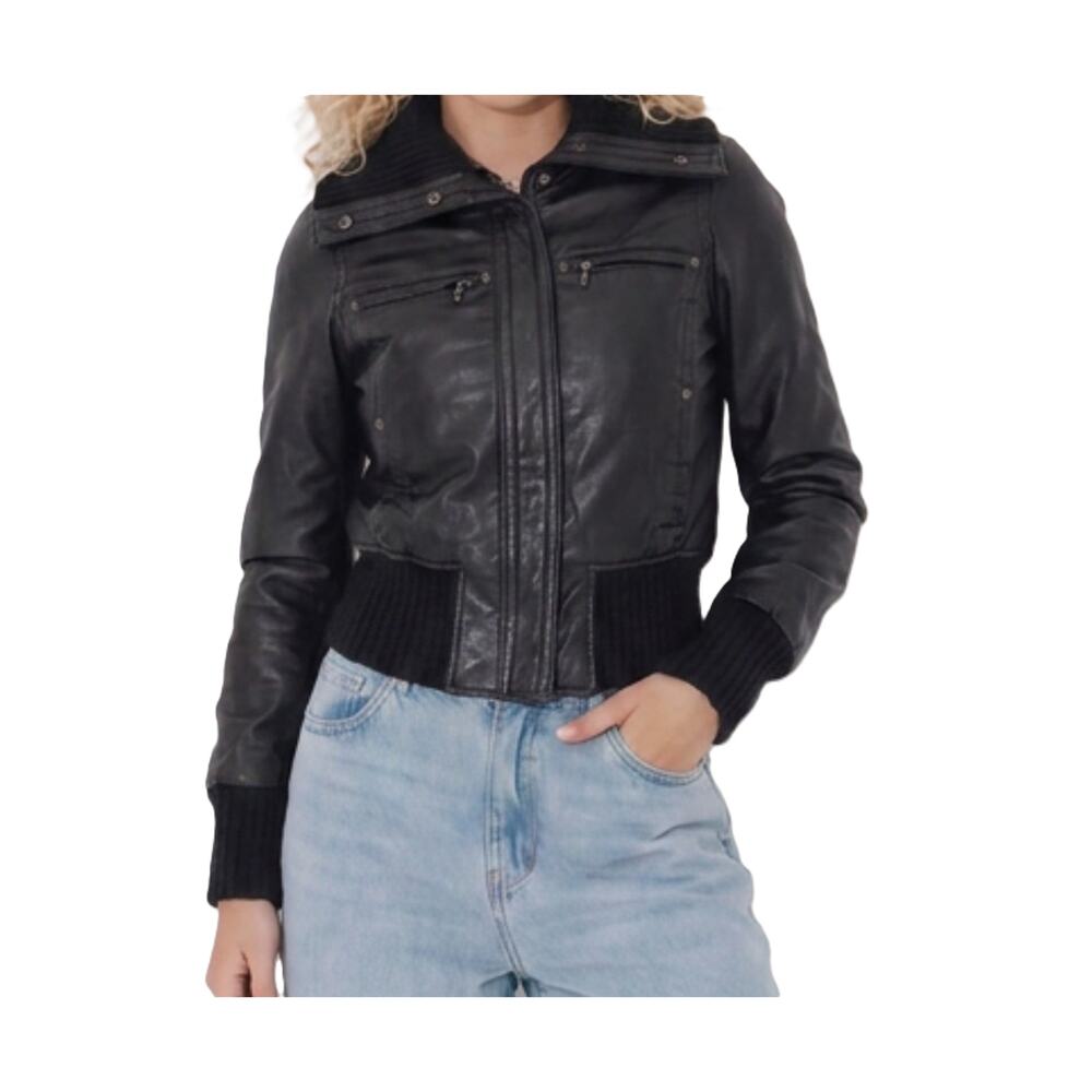 Knoles Carter Leather Jacket Womens S Black Italian Lambskin Bomber Moto 90s Y2K